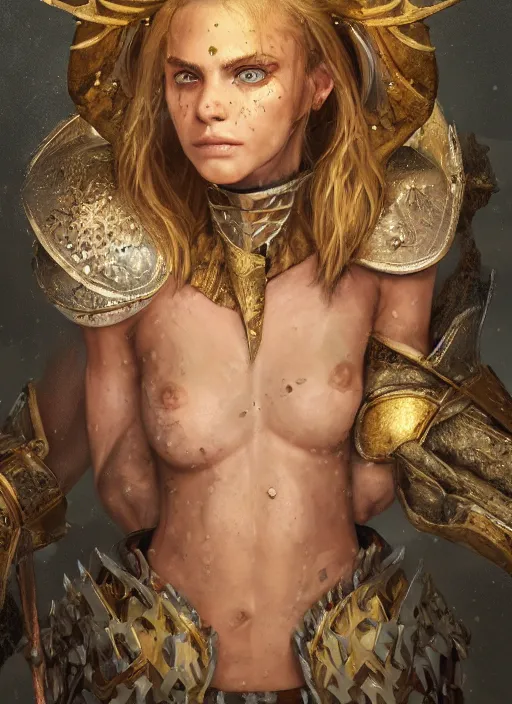 Image similar to portrait of cara delevinge as a legendary knight warrior, au naturel, hyper detailed, digital art, trending in artstation, cinematic lighting, studio quality, smooth render, unreal engine 5 rendered, octane rendered, art style by klimt and nixeu and ian sprigger and wlop and krenz cushart.