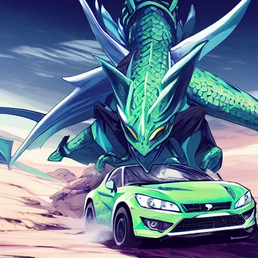 Image similar to blue knight in a green hatchback car vs dragon, close up, anime, desert landscape, greg rutkowski, Murata, one punch man manga,