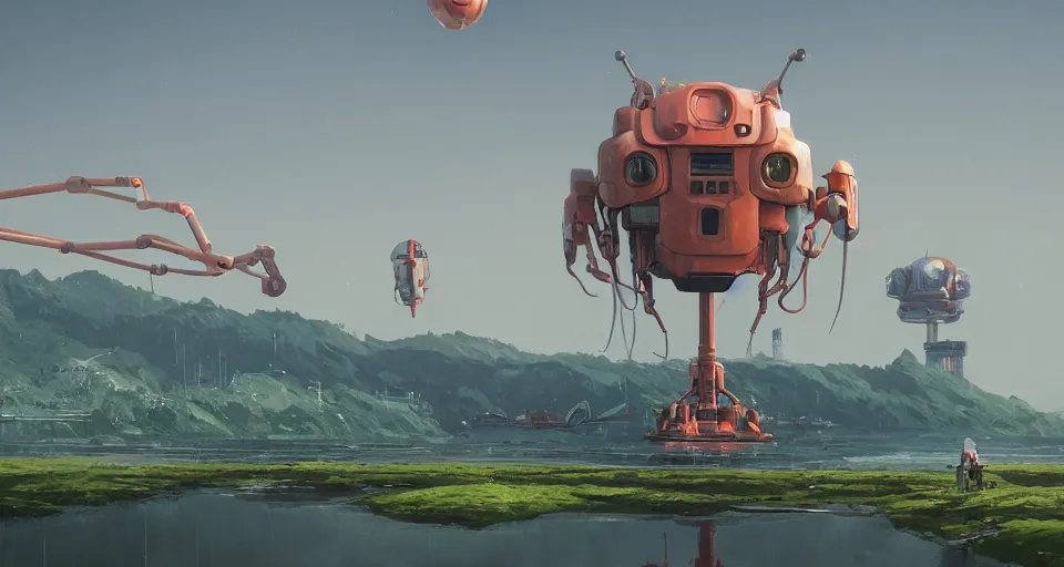 Image similar to Landscape with a GIANT MECHANICAL SHRIMP, looming over the landscape, robot shrimp, cinematic, rendered by simon stålenhag, rendered by Beeple, Makoto Shinkai, syd meade, inspired by Gundam, environment concept, digital art, unreal engine, 3 point perspective, WLOP, trending on artstation, low level, 4K UHD image, octane render,