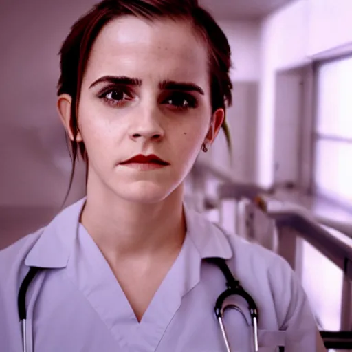 Prompt: emma watson, nurse scrubs, hospital, portrait, angry, mouth open, mid view head and shoulders, award winning, kodak ektachrome expired blue tint,