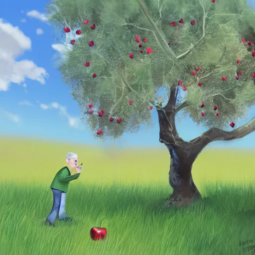 Image similar to tim cook eating an apple below an apple tree, cinematic digital art