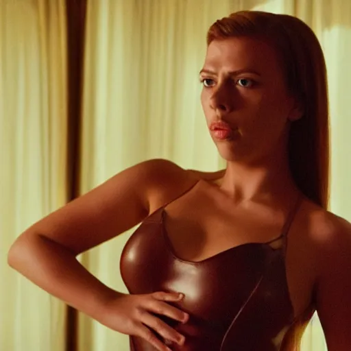 Prompt: fully clothed, amazing beautiful carlett johansson in leather body suit and high heels in bedroom, film still from the movie directed by denis villeneuve, wide lens