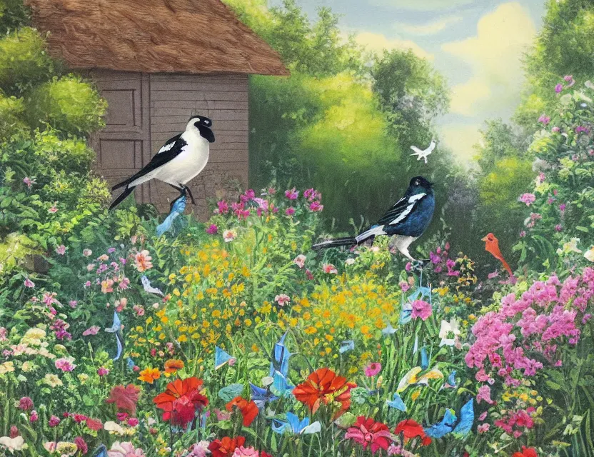 Prompt: magpie in a cottage garden. this oil painting by the beloved children's book illustrator has a beautiful composition, interesting color scheme, flat shading.