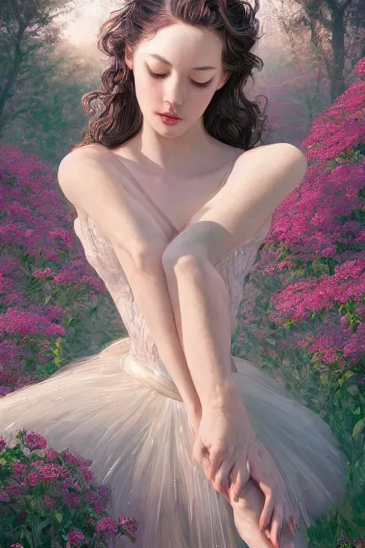 Image similar to stunningly beautiful, prima ballerina in rose garden, symmetrical face, golden hour, smooth, focus, highly detailed, hyper realistic, dramatic lighting, elegant, intricate, concept art, art by wlop, mars ravelo, greg rutowski, artstation