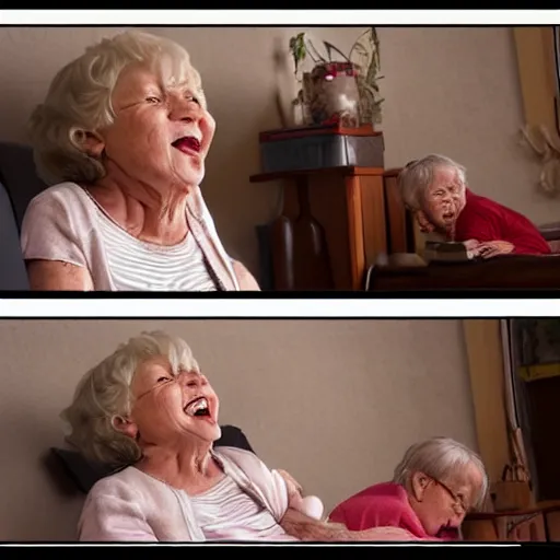 Prompt: laughing grandma watching satan on the tv