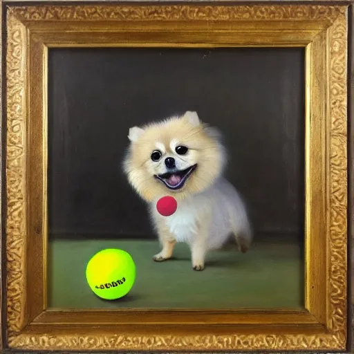 Image similar to Pomeranian dog with tiny tennis ball in his mouth, standing at the edge of a giant void, numbers flying all around him, oil painting