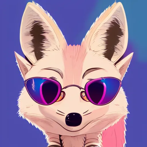 Prompt: fennec fox, pink and blue mohawk hairstyle, pink, palm trees, furry, cute, smug facial expression, disney zootopia, zootopia, concept art, aviator sunglasses, smug expression, synthwave style, artstation, detailed, award winning, dramatic lighting, miami vice, oil on canvas, vibes, GTA, sunset