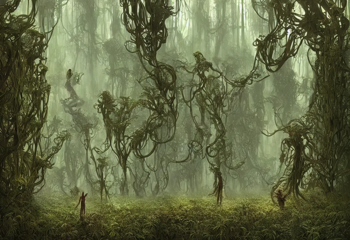 Image similar to humanoid figures made of plants having a seance in a beautiful bioluminescent forest, by daniel - by greg rutkowski and raymond swanland hr giger and zdzislaw beksinski and alphonse mucha and moebius, matte painting, hyperdetailed, symmetry, art nouveau, beautiful render, concept art