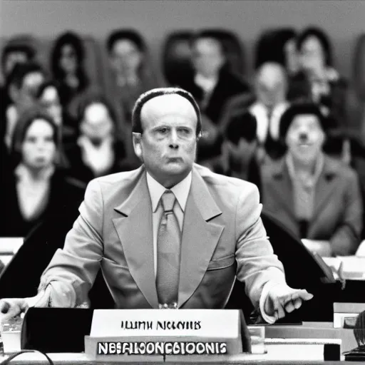 Image similar to 1990s Hi-8 footage of Napoleon speaking to the United Nations, candid portrait photograph, 40mm