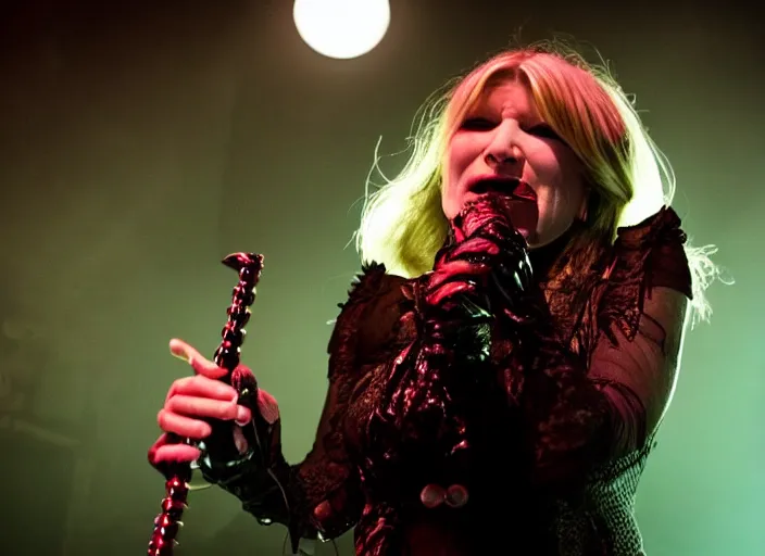 Prompt: publicity photo still of martha stewart in cradle of filth playing live on stage, 8 k, live concert lighting, mid shot