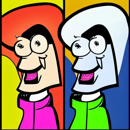 Image similar to cartoon pop art style, strong chin, handsome squidward portrait, vivid colors