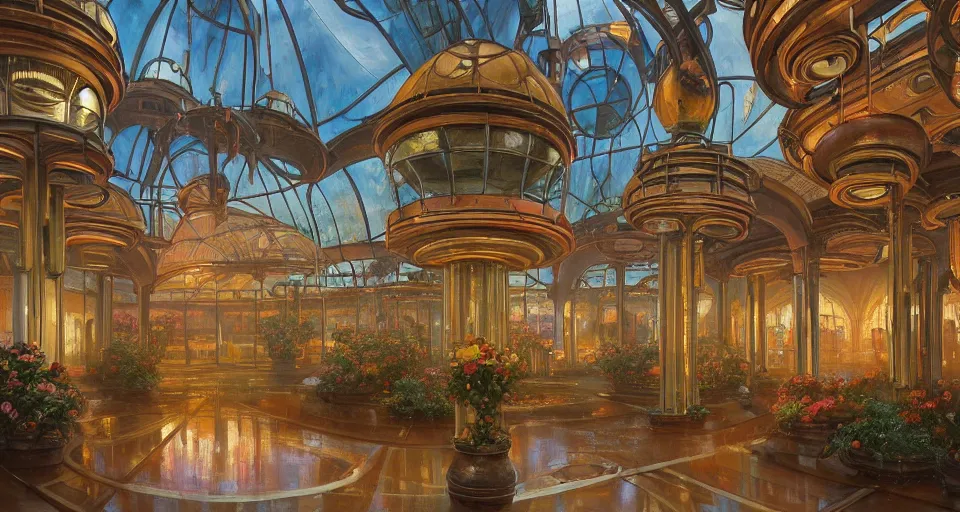 Prompt: a minimalist oil painting by donato giancola, warm coloured, cinematic scifi luxurious futuristic foggy steam filled victorian garden circular shopping mall interior with stained glass flowers growing out of pretty bulbous ceramic fountains, gigantic pillars and flowers, maschinen krieger, beeple, star trek, star wars, ilm, star citizen, mass effect, artstation, atmospheric perspective