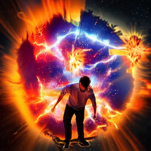 Image similar to man hitting the ground creating a explosion, anime, album cover, musical notes