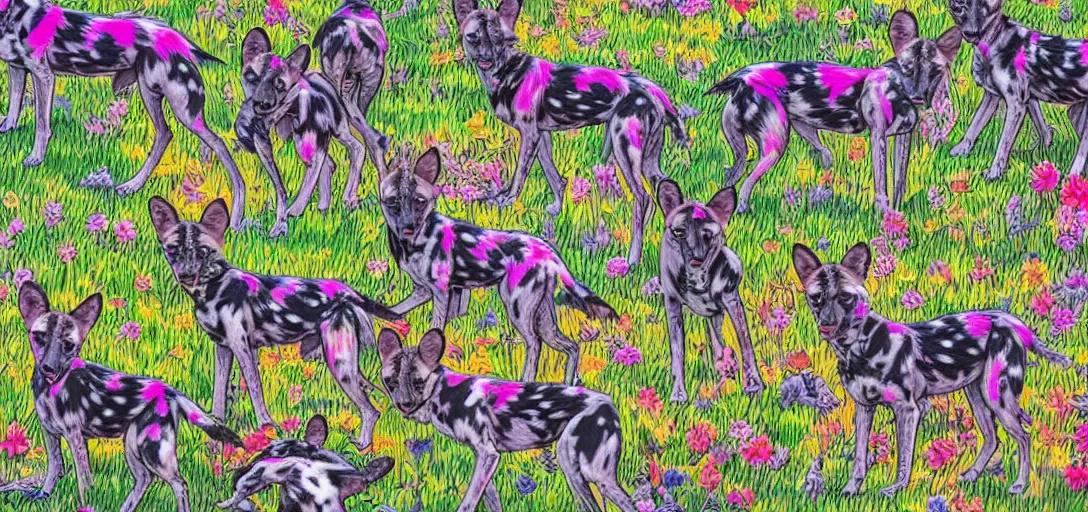 Prompt: pack of african wild dogs near a watering hole, painted by studio ghibli studio matako Lisa Frank with psychedelic colors