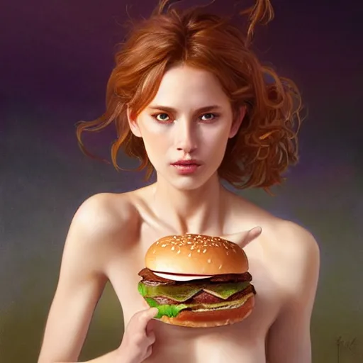 Image similar to portrait ofTawny Robinson eating hamburgers, extra onions and ketchup, luscious patty with sesame seeds, feminine ethereal, handsome, D&D, fantasy, intricate, elegant, highly detailed, digital painting, artstation, concept art, matte, sharp focus, illustration, art by Artgerm and Greg Rutkowski and Alphonse Mucha