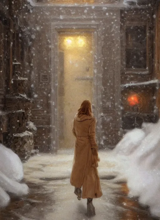 Image similar to back of emma stone in beige coat, walking into new york apartment building in winter, opening door, building entrance, snow, zoomed out, artwork by gaston bussiere, craig mullins, trending on artstation