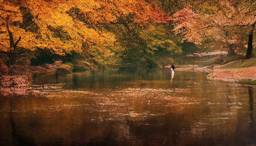 Image similar to a beautiful woman turning into a peaceful river, it's autumn and a gentle breeze is moving leaves around, cinematic lighting, establishing shot, art station