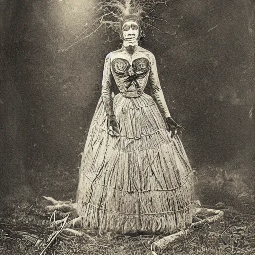 Image similar to 1860 photo of an old freak show spider-woman, on the middle of a forest, spooky , veins, arteries, intricate, golden ratio, full frame, elegant, highly detailed, ornate, ornament, sculpture, elegant , luxury, beautifully lit, ray trace, 3d, PBR