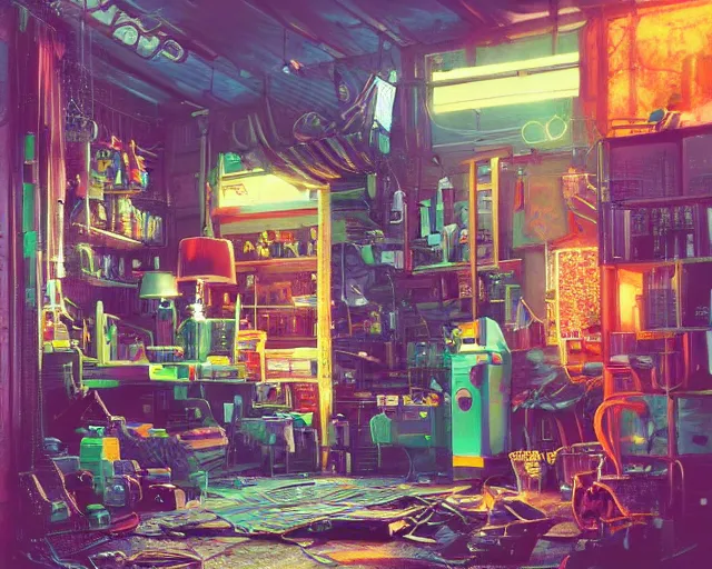 Image similar to IKEA catalogue photo of a cyberpunk shed, by Paul Lehr