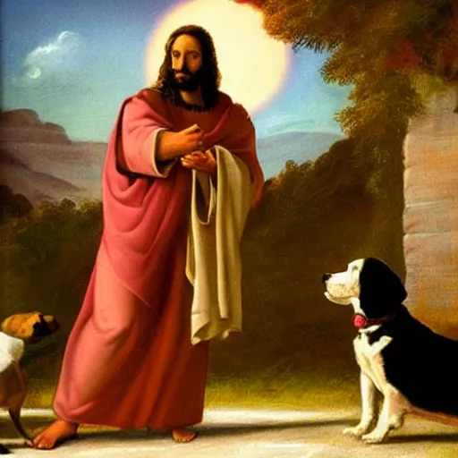 Prompt: painting of Jesus having a debate with a dog