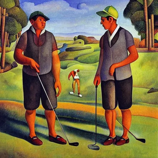 Image similar to Three golfers on a beautiful golf course, by Diego Rivera