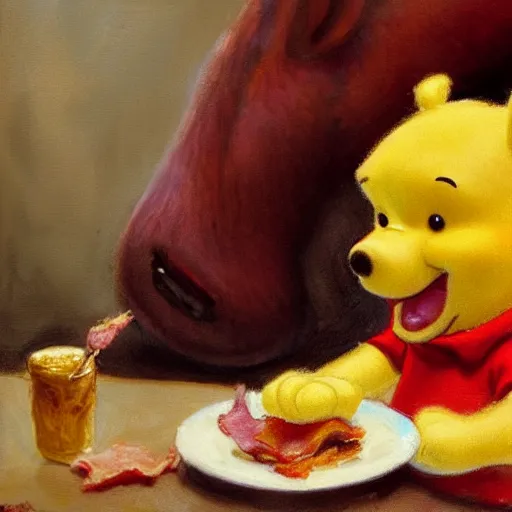 Prompt: close up of winnie the pooh eating bacon sandwich, cinematographic shot, by daniel f. gerhartz