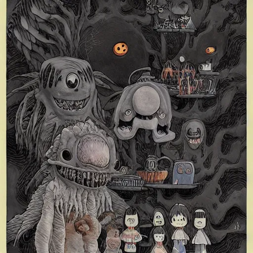 Prompt: monster lurking behind a happy family by studio ghibli, color, highly detailed, detailed, intricate, scary, horror, eerie, nightmares, dark, dramatic, 8 k