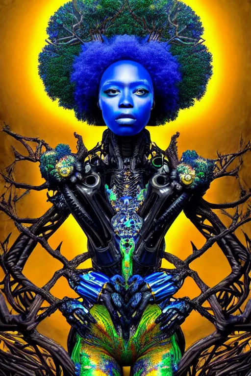 Prompt: hyperrealistic maximalist super expressive! black woman with exoskeleton armor, merging with tree in a forest, highly detailed digital art masterpiece smooth cam de leon hannah yata dramatic pearlescent blue yellow light ground angle hd 8k sharp focus