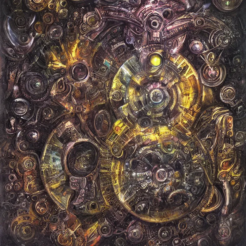 Prompt: biomechanical muladara chakra, volumetric shadows and lighting, concept art, psychedelic colors, realistic oil painting by h. r giger,
