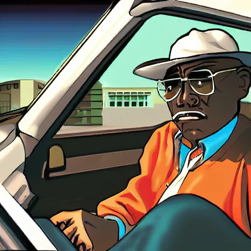 Prompt: old man in car holding gun, gta san andreas art