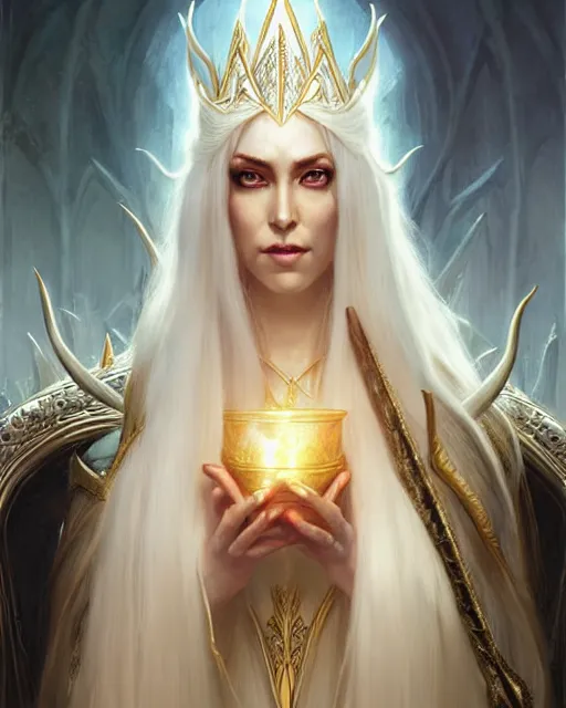 Prompt: tall elven queen sitting on the throne, full body, long white hair, pale skin, golden eyes | | realistic shaded, fine details, fine - face, realistic shaded lighting poster by greg rutkowski, magali villeneuve, artgerm, jeremy lipkin, michael garmash, rob rey