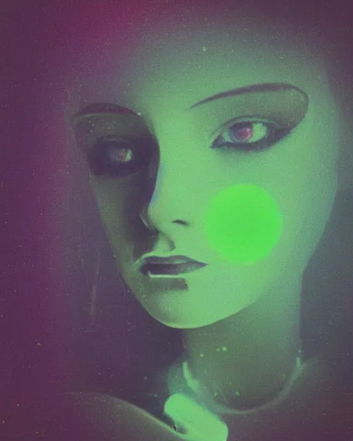 Image similar to cut and paste, serene robotic woman's face, red hair, dark makeup, violet and yellow and green and blue lighting, polaroid photo, 1 9 8 0 s, atmospheric, whimsical and psychedelic, grainy, expired film, super glitched, corrupted file, ghostly, bioluminescent glow, sci - fi, twisty