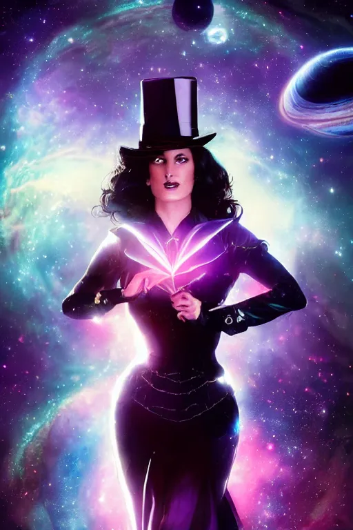 Prompt: a zatanna dc comics, wearing a dress made of stars and nebulae, dramatic, volumetric lighting, planets in the background, smooth, sharp focus, very detailed, by greg rutkowski, artstation, tom badshaw, 8 k, symmetrical face