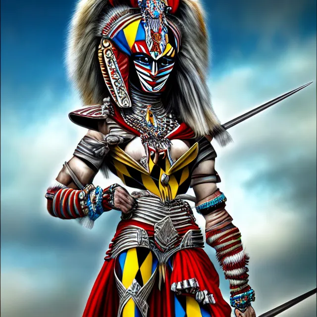 Image similar to beautiful harlequin warrior, highly detailed, 8 k, hdr, anne stokes