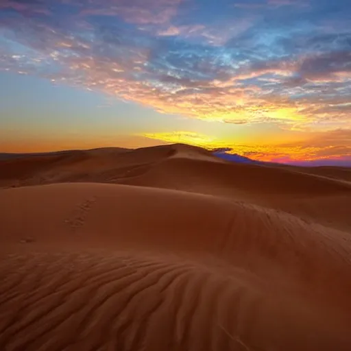 Image similar to beautiful sunset in the desert, sand dunes, dramatic, colorful