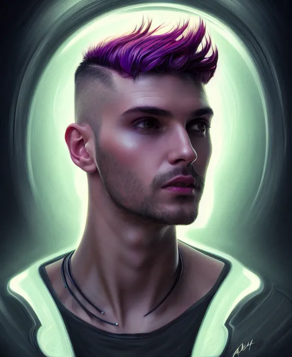 Image similar to a whirlwind inside the metaverse, guy, male, man, machine face, fashionable haircut, piercing, half body, neurochip, android, cyberpunk face, by loish, d & d, fantasy, intricate, elegant, highly detailed, colorful, digital painting, artstation, concept art, art by artgerm and greg rutkowski and alphonse mucha