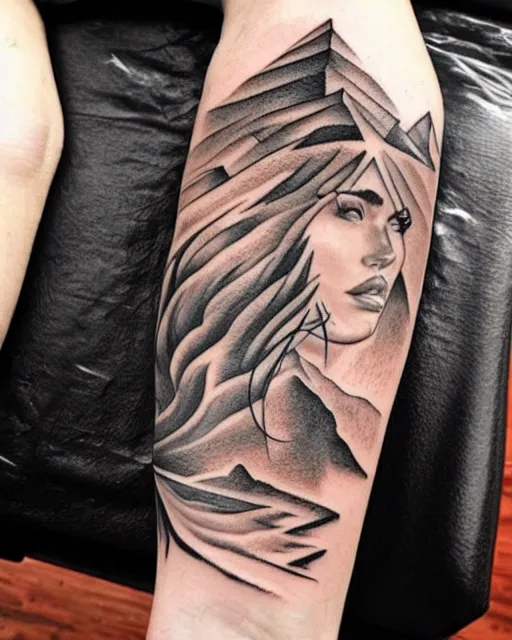 Image similar to tattoo design sketch of megan fox with amazing mountain scenery, with double exposure effect, realism tattoo, in the style of den yakovlev, amazing detail, sharp