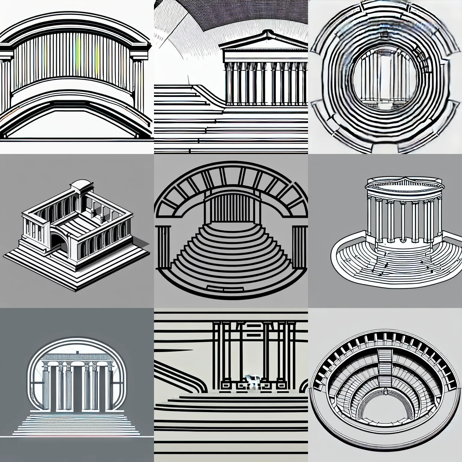 Prompt: a stephen biesty isometric cross - section through the stairs of a simplified!!!!! smooth grey shaded ancient greek amphitheater line drawing logo in the style of pavlov visuals, precise! vector trace, extra - wide shot, occlusion, white background