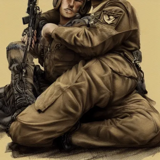 Image similar to two humanoid german shepherds beast - men, sitting on a couch and hugging together in military style, artstation.