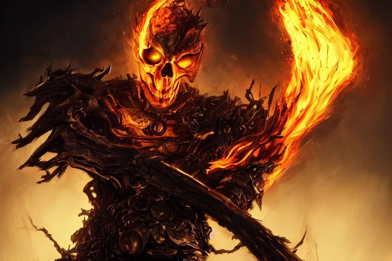 Image similar to Ghost Rider, flaming grim reaper, upper body, dark souls concept art, Feng Zhu concept art, dramatic lighting, highly stylized, trending on artstation, high-quality wallpaper, desktopography