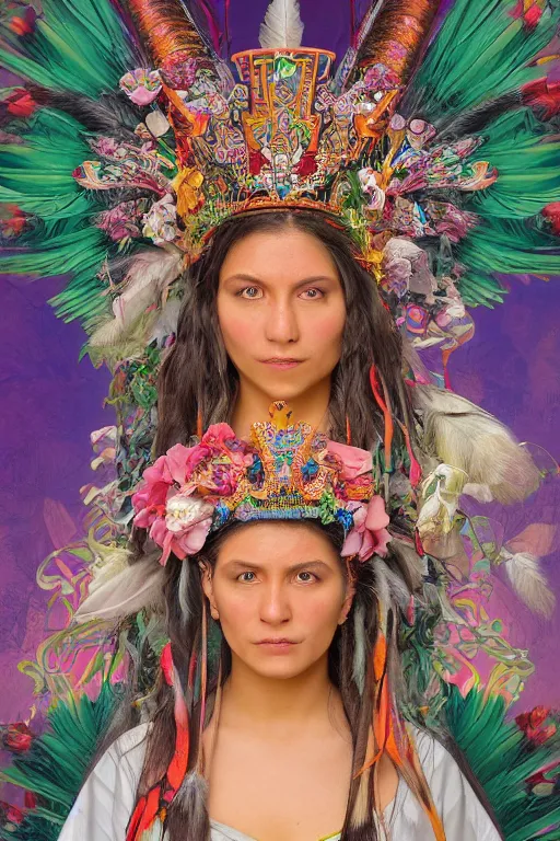 Prompt: medium body shot portrait photo of female magical aztec warrior wearing a crown of long magical quetzal feathers and peony flowers as a cyberpunk cyborg goddess - realistic and detailed, by aaron de leon, sandro boticelli, studio ghibli and alphonse mucha, hdr 8 k