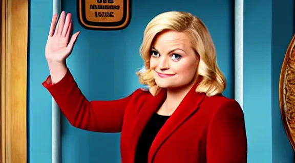 Image similar to leslie knope from the tv show parks and recreation waving goodbye