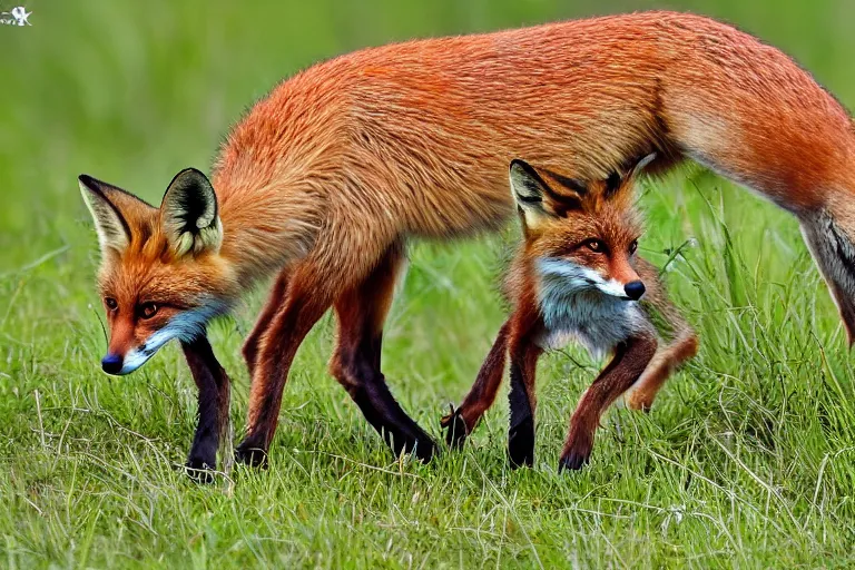 Image similar to Foxes playing in a meadow, rambunctious fox kits, professional animal photography, highly detailed, 8k