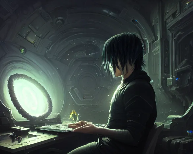 Prompt: a 4 k cinematic screenshot still portrait of a emo in a dark luminal space room listening to music wearing headphones, deep focus, d & d, fantasy, intricate, elegant, highly detailed, digital painting, artstation, concept art, matte, sharp focus, illustration, dark fantasy style art, hearthstone, art by artgerm and greg rutkowski and alphonse mucha