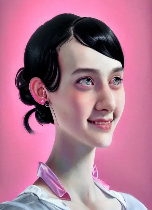 Image similar to portrait of high school girl, realistic, black hair, bangs, half updo hairstyle, pointy nose, skinny, smile, ugly, defined jawline, big chin, pink hair bow, earrings, intricate, elegant, glowing lights, highly detailed, digital painting, artstation, sharp focus, illustration, art by wlop, mars ravelo and greg rutkowski