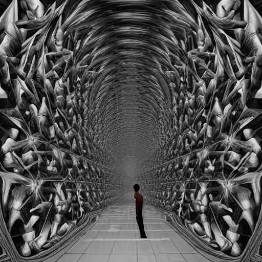 Prompt: a breathtaking 8 k resolution matte painting of a black boy lost inside an endless hall of mirrors, in a symboloic and meaningful style, by m. c. escher and alex grey and android jones