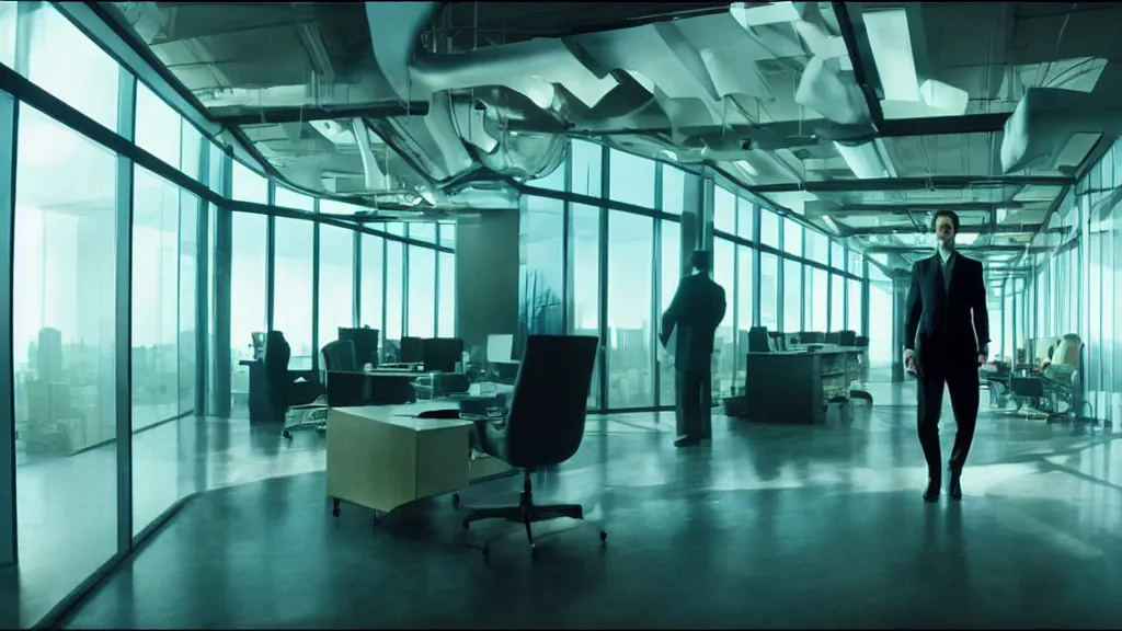 Prompt: the strange creature in the high tech office building, it is glowing, film still from the movie directed by denis villeneuve and david cronenberg with art direction by salvador dali