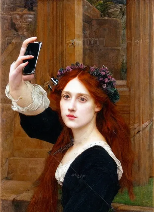 Prompt: selfie of a Pre-Raphaelite young beautiful woman with blond hair