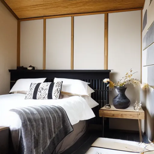 Image similar to bedroom, stone, interior design, stylish luxury hotel bedroom design, yakisugi, black vertical slatted timber, textures, feminine, black walls, art, Japanese pottery vase with flowers, kakejiku, seasonal, Japanese influences