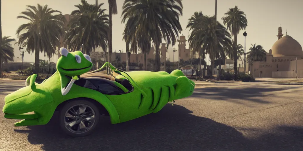 Image similar to kermit driving a car, wlop, moroccan city, mosque, palm trees, cinematic lighting, hyperdetailed, 8 k realistic, symmetrical, global illumination, radiant light,, frostbite 3 engine, cryengine, dof, trending on artstation, digital art, chanel